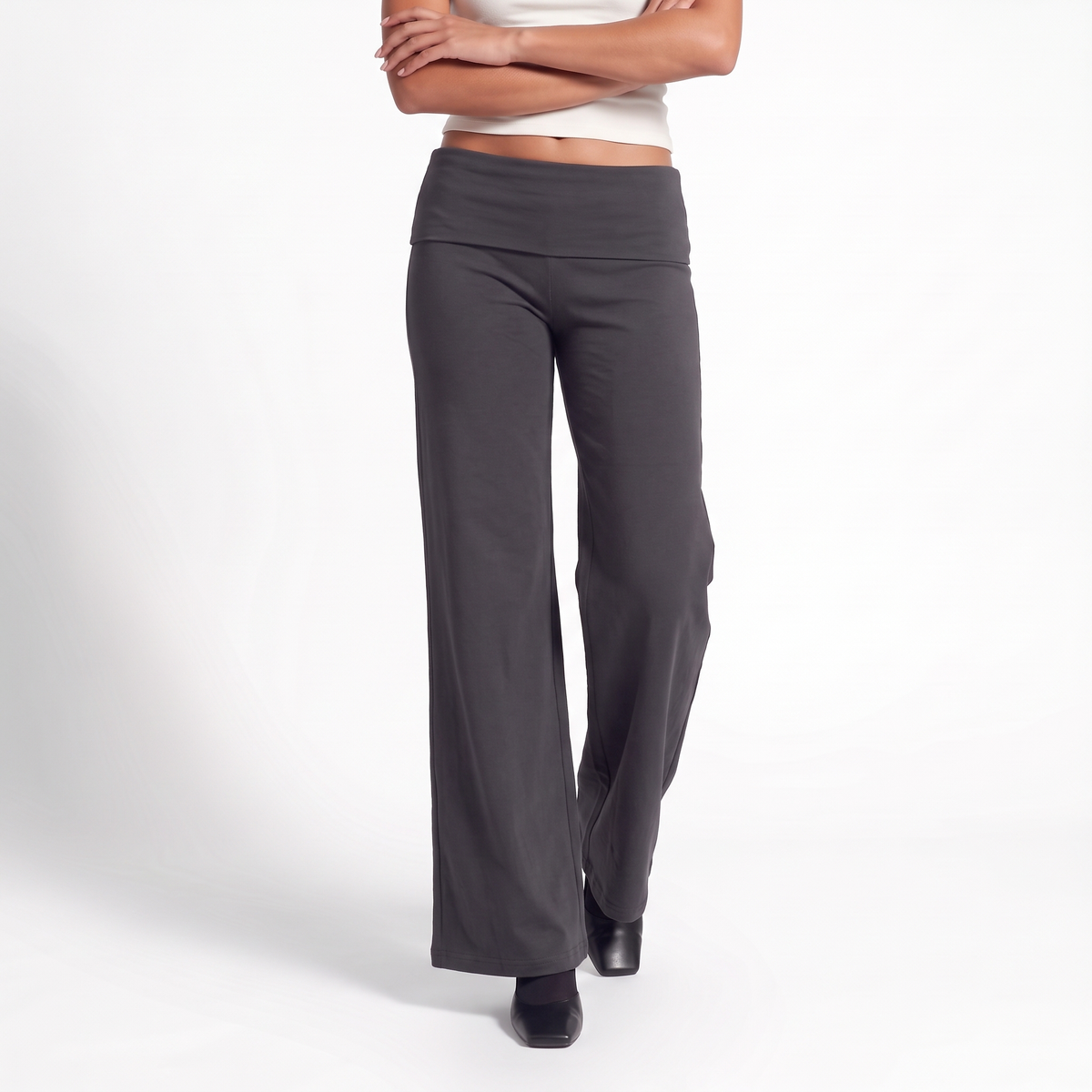 Foldover Waist Wide Leg Pants, Flowy Everyday Casual Trousers, Dark Gray