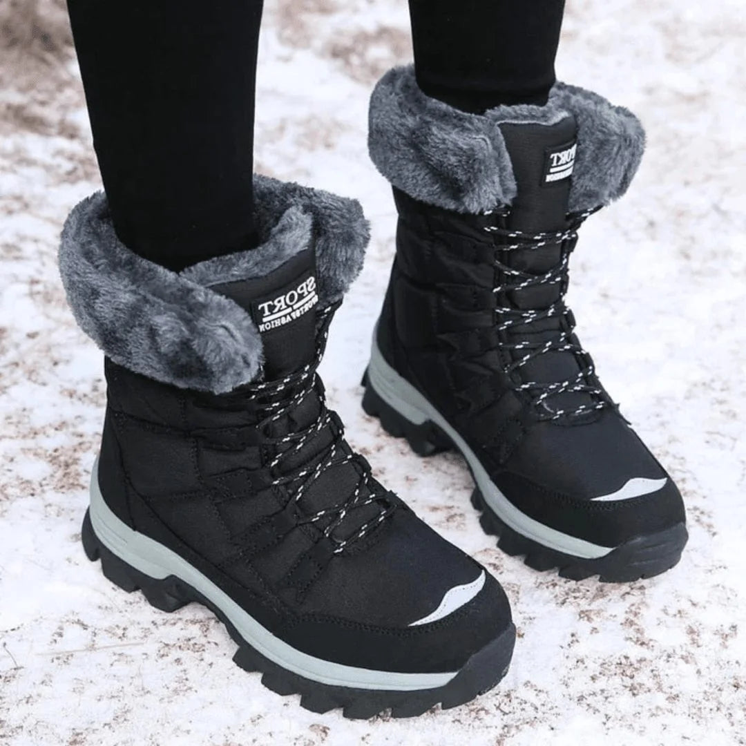 Winter boots with faux fur lining and lace-up for women in Black