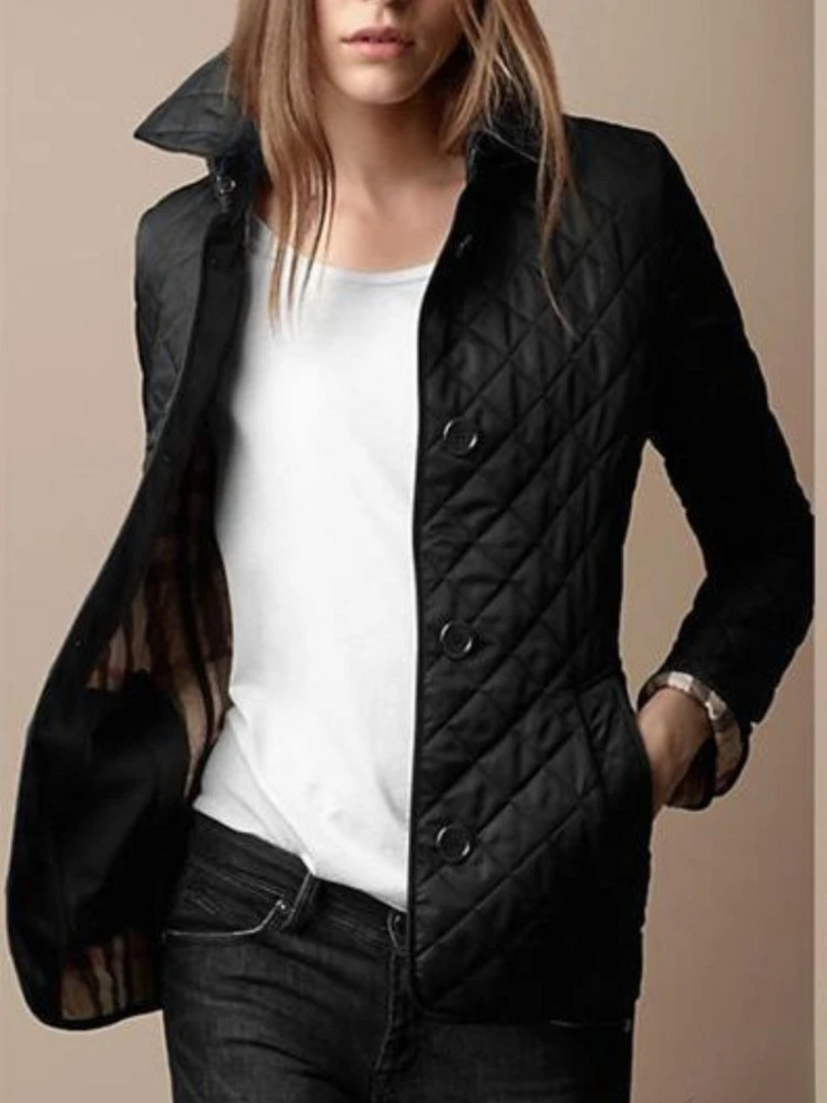 Women's casual quilted jacket with turned-down collar & snap buttons, perfect for autumn layering.