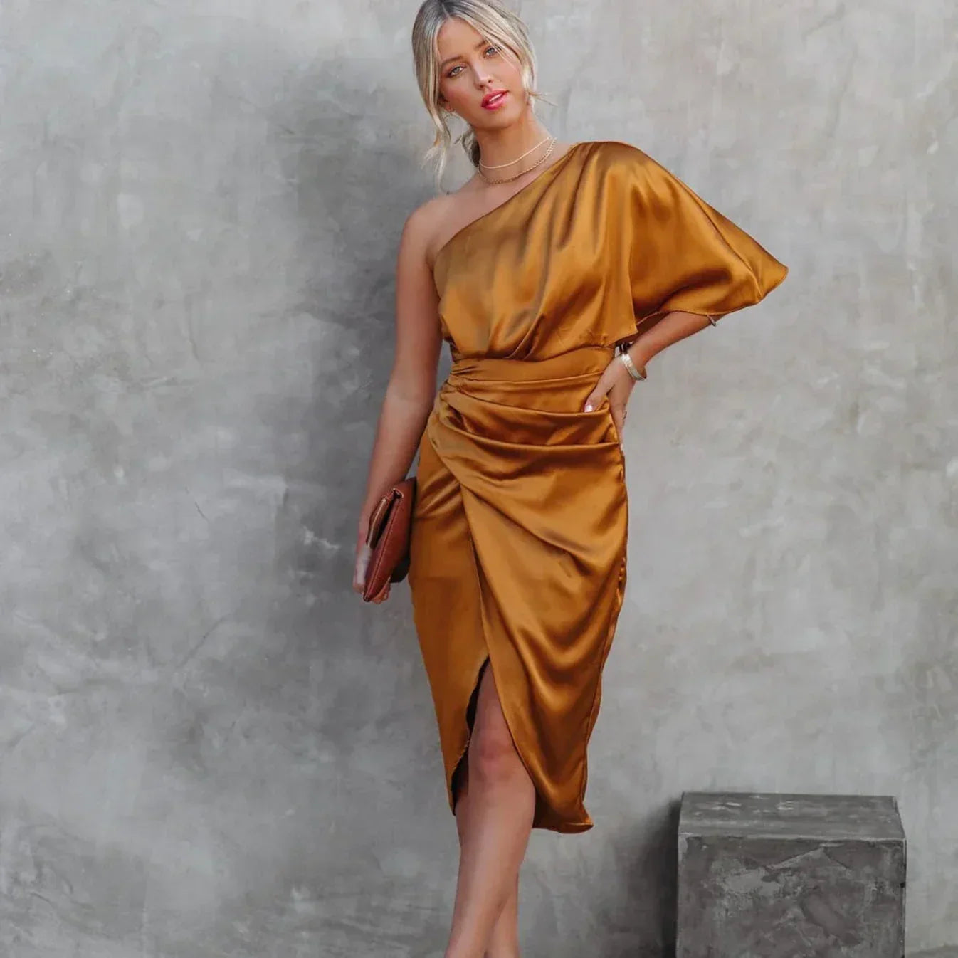Image of Women's One Shoulder Wrap Midi Dress