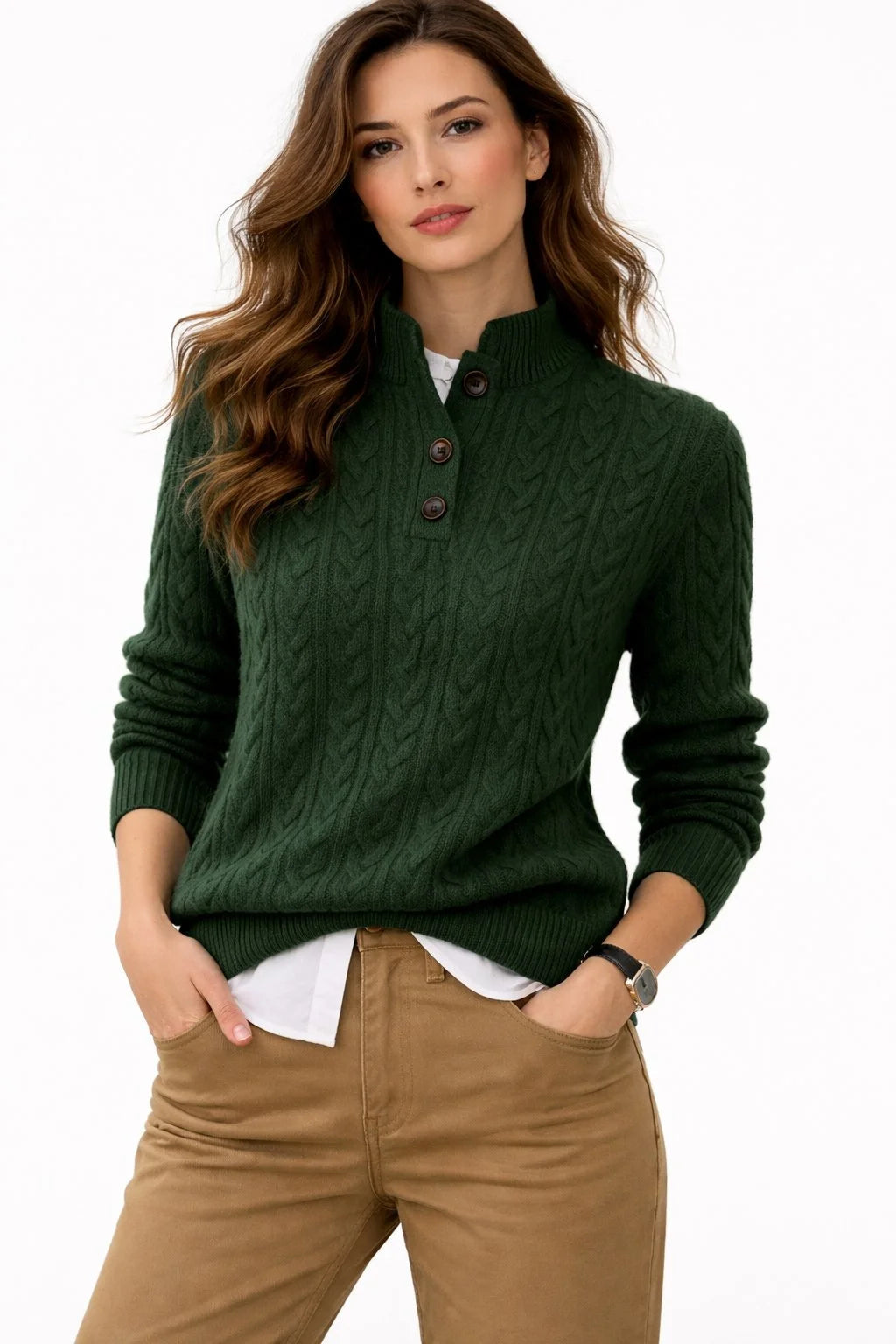 Women's cable knit button-neck wool blend pullover sweater in Green