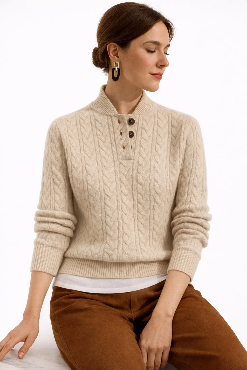 Women's cable knit button-neck wool blend pullover sweater in Khaki