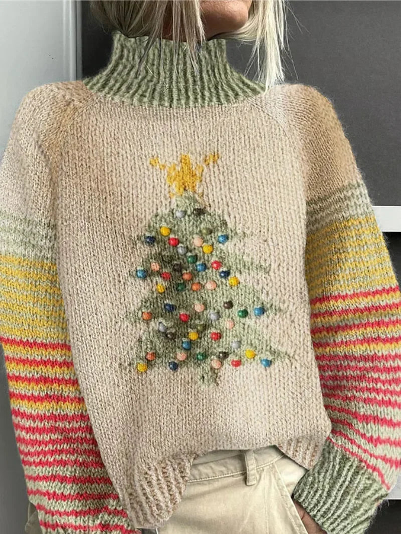 Jersey de mujer con motivo de árbol de Navidad, mangas a rayas y cuello alto | Jersey festivo de punto para fiestas y eventos de estas fechas