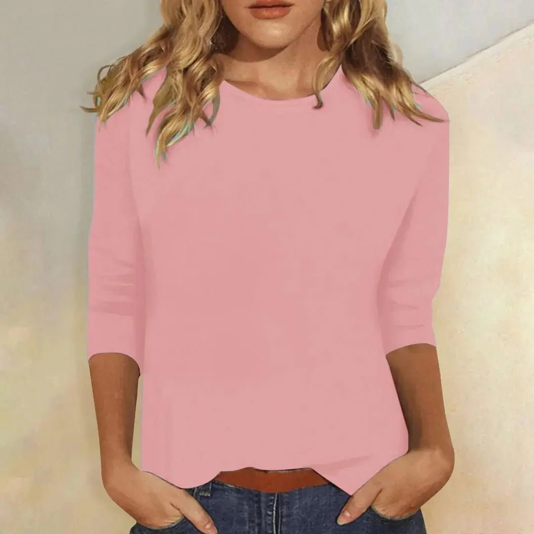 Women's Crew Neck 3/4 Sleeve Top Casual Relaxed Fit - Pink