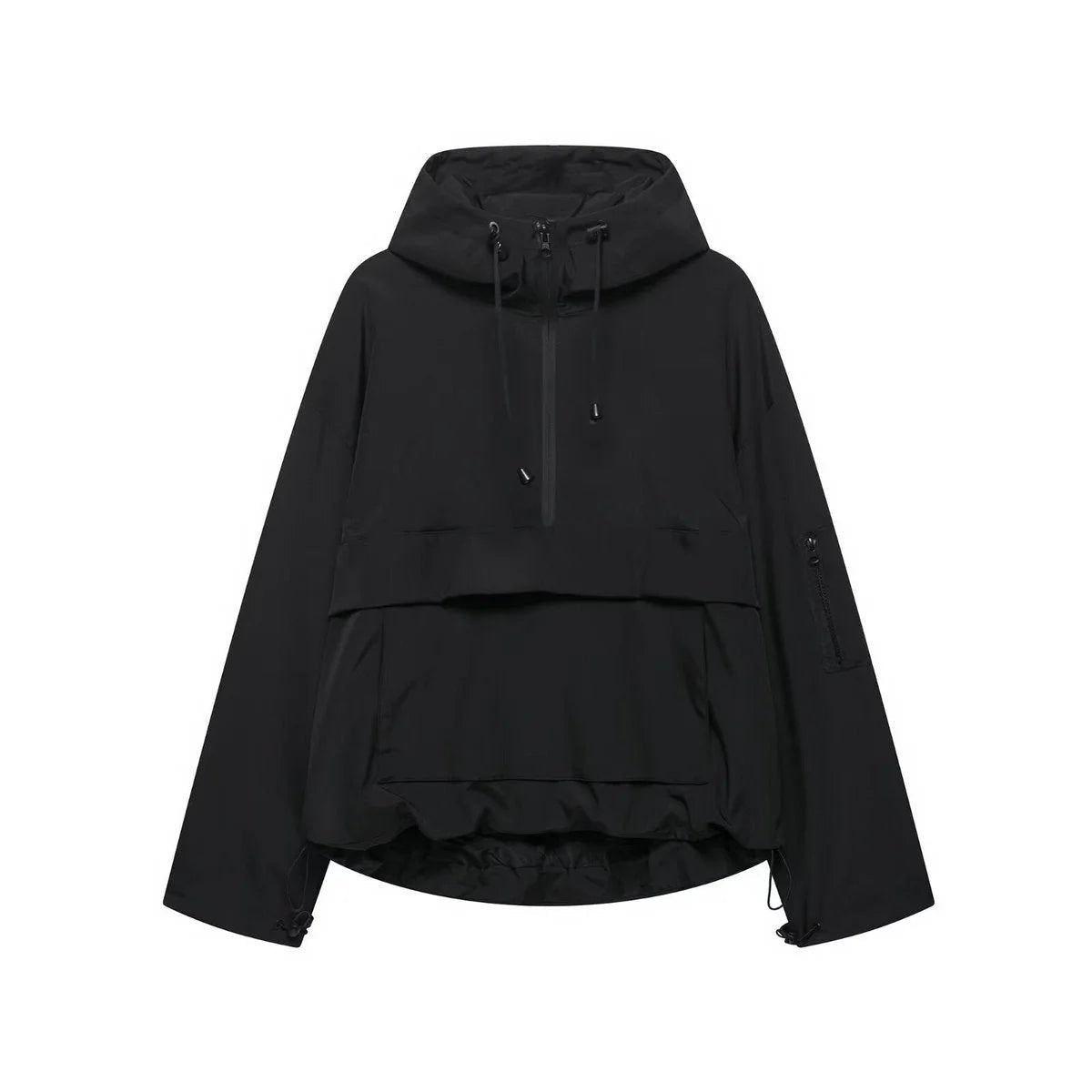 Women's hooded pullover anorak quilted jacket half-zip in Black
