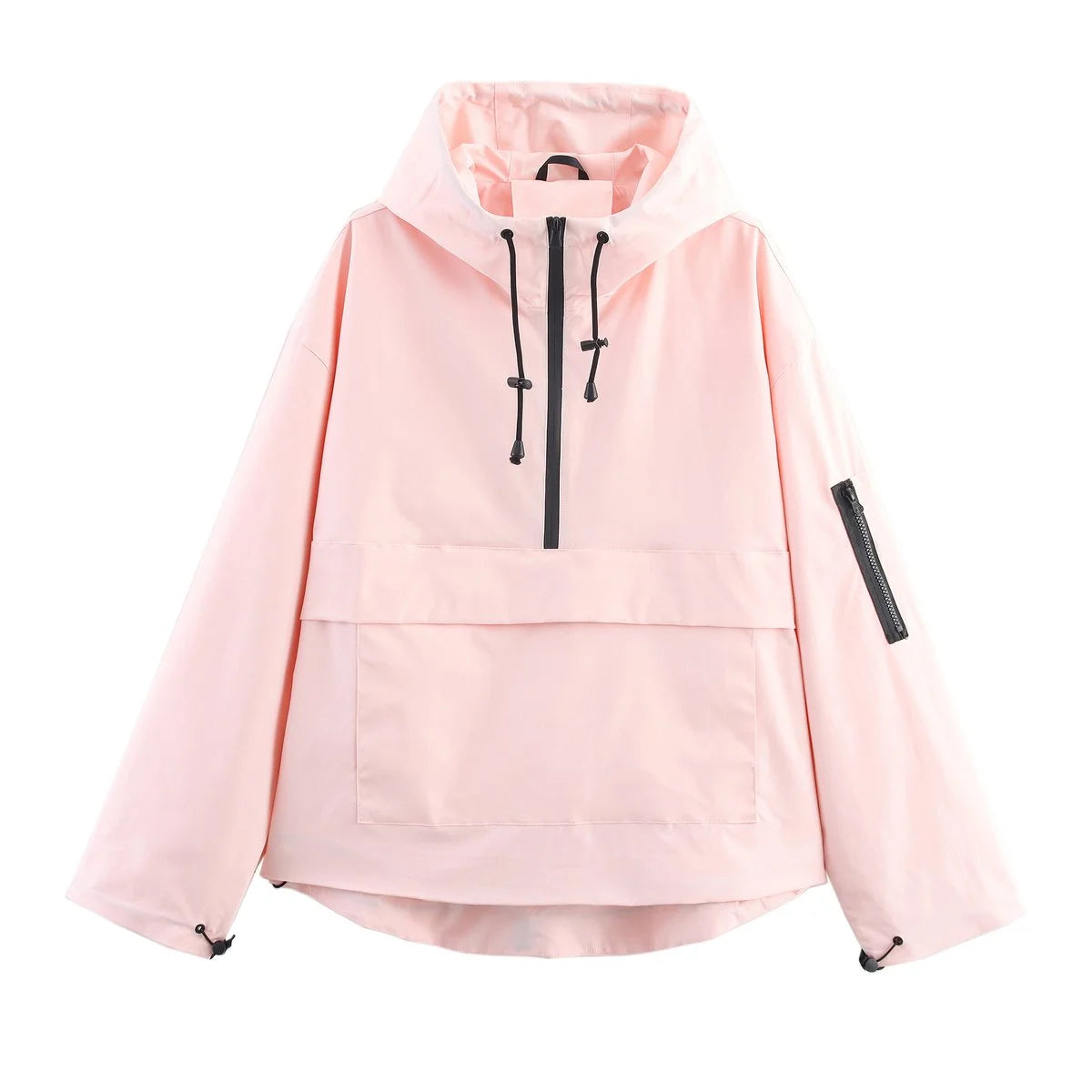 Women's hooded pullover anorak quilted jacket half-zip in Light Pink