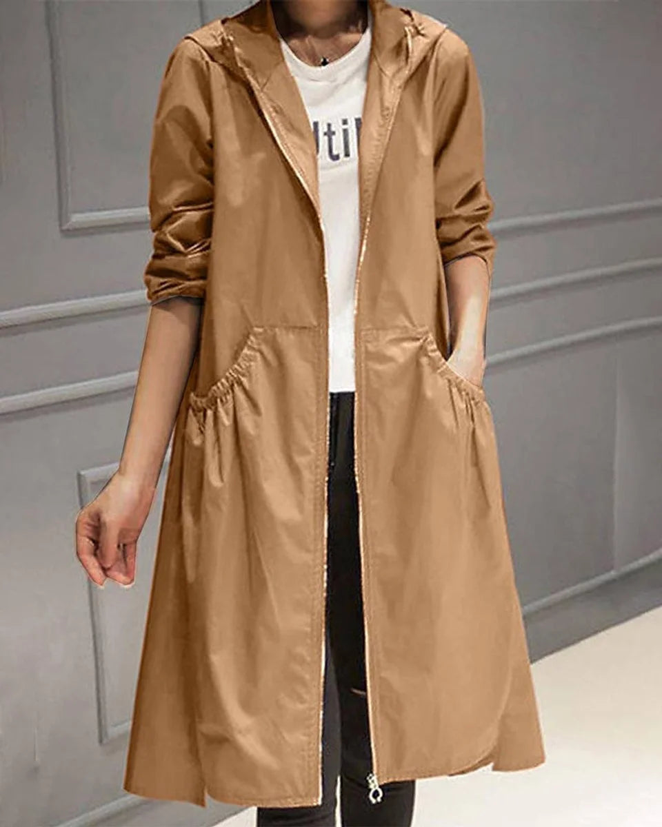 Women's hooded waterproof long trench coat zip-up in Brown