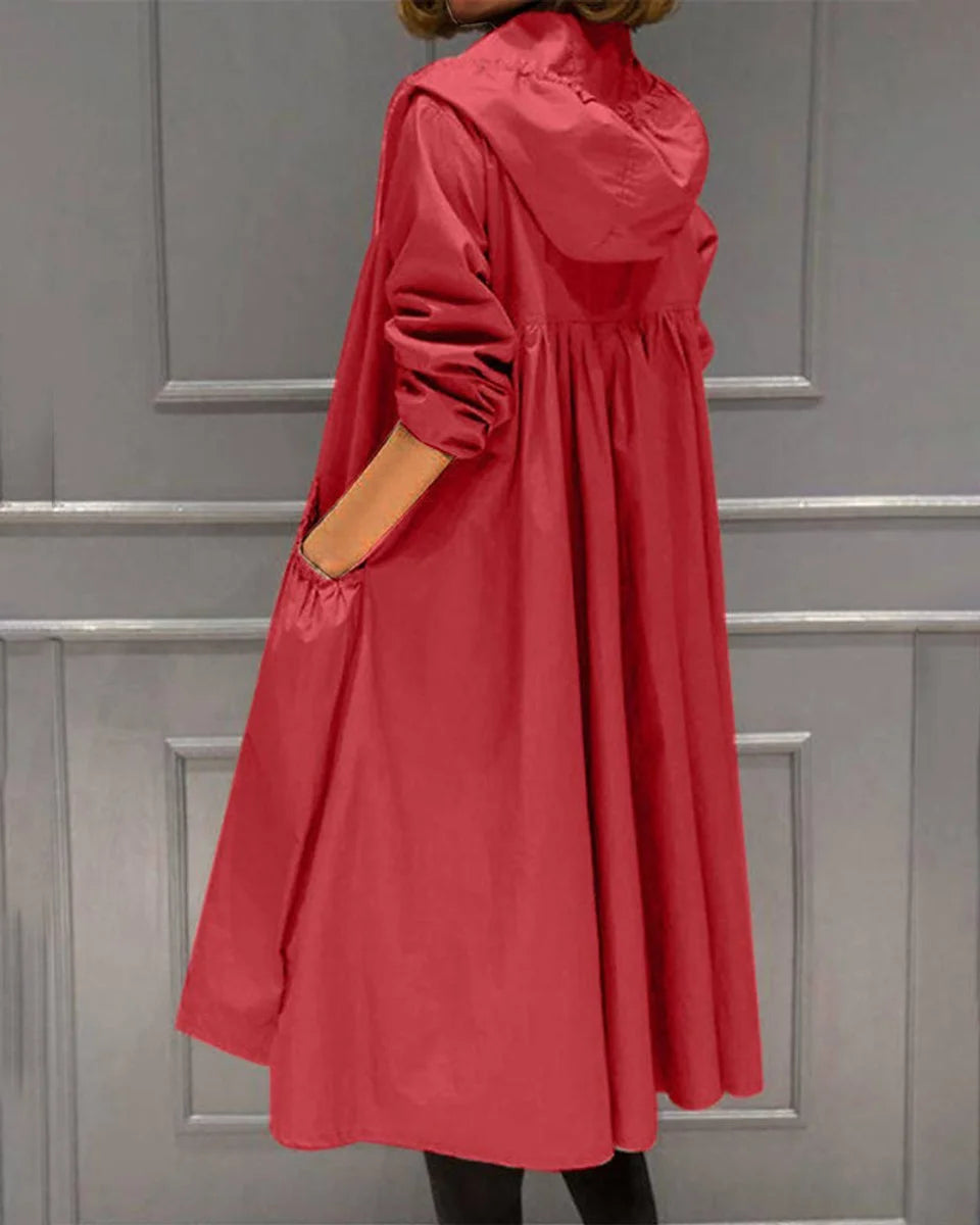 Women's hooded waterproof long trench coat zip-up in Red