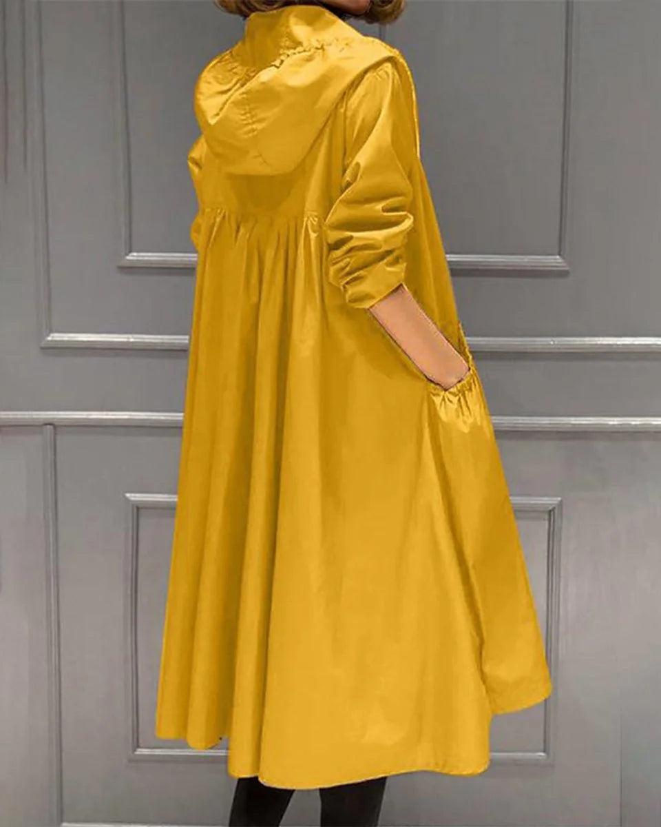 Women's hooded waterproof long trench coat zip-up in Yellow