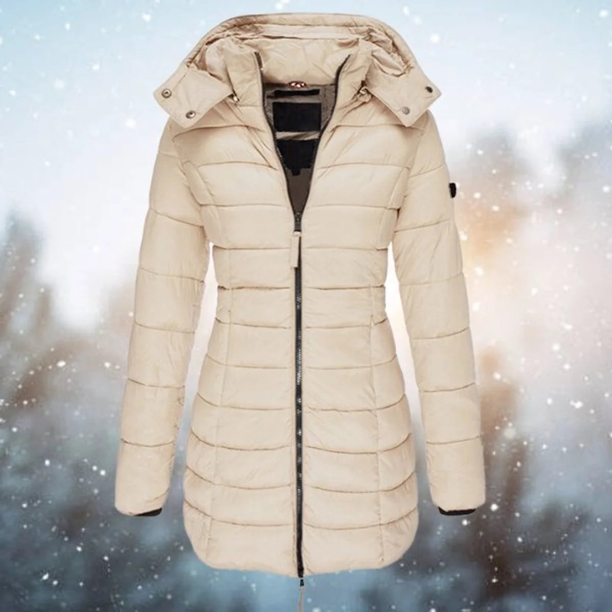 Women's long hooded puffer quilted jacket zip-up winter coat in Khaki