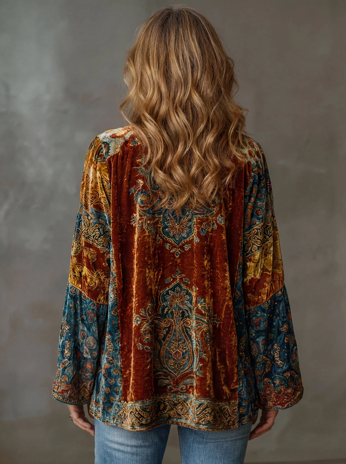 Women's denim jacket with ornate velvet details, kimono cut, wide bell sleeves.