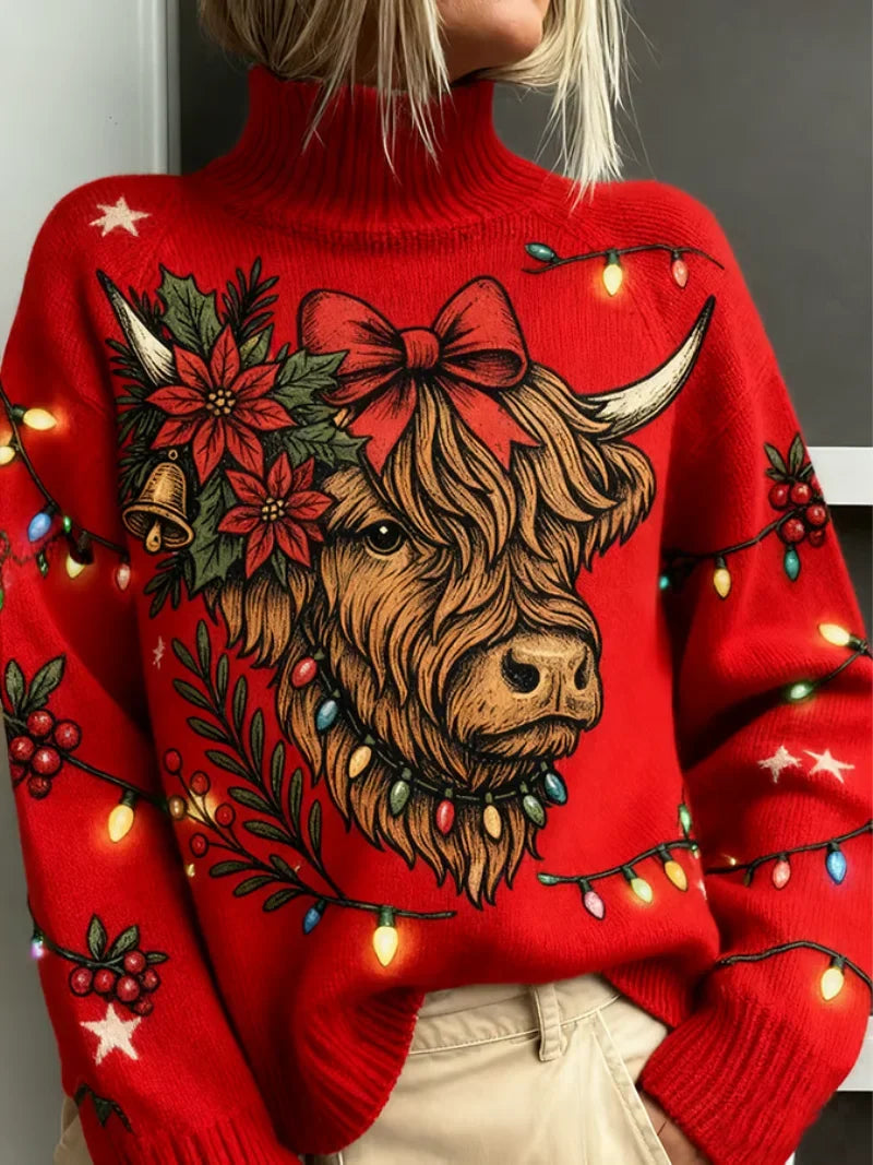 Jersey navideño de mujer con diseño de vaca de las Highlands | Jersey festivo de punto con cuello alto | Prendas de punto originales para estas fiestas | Top de invierno de manga larga