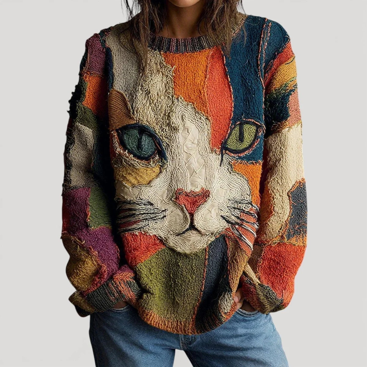 Women's relaxed-fit cat graphic crewneck knit sweater in Multicolor