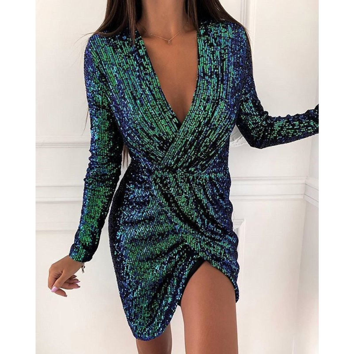 Rochie înfășurată cu paiete pentru femei | Rochie de cocktail cu mâneci lungi și decolteu în V, potrivită pentru petreceri festive și evenimente de seară | Ținute strălucitoare pentru petreceri