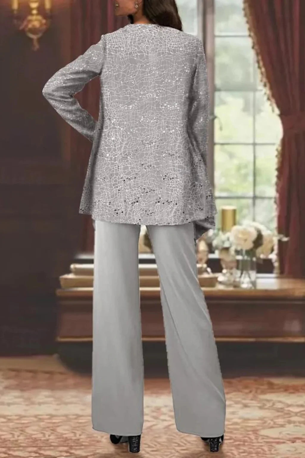 Women's sequin three-piece set: jacket, top, wide leg pants.