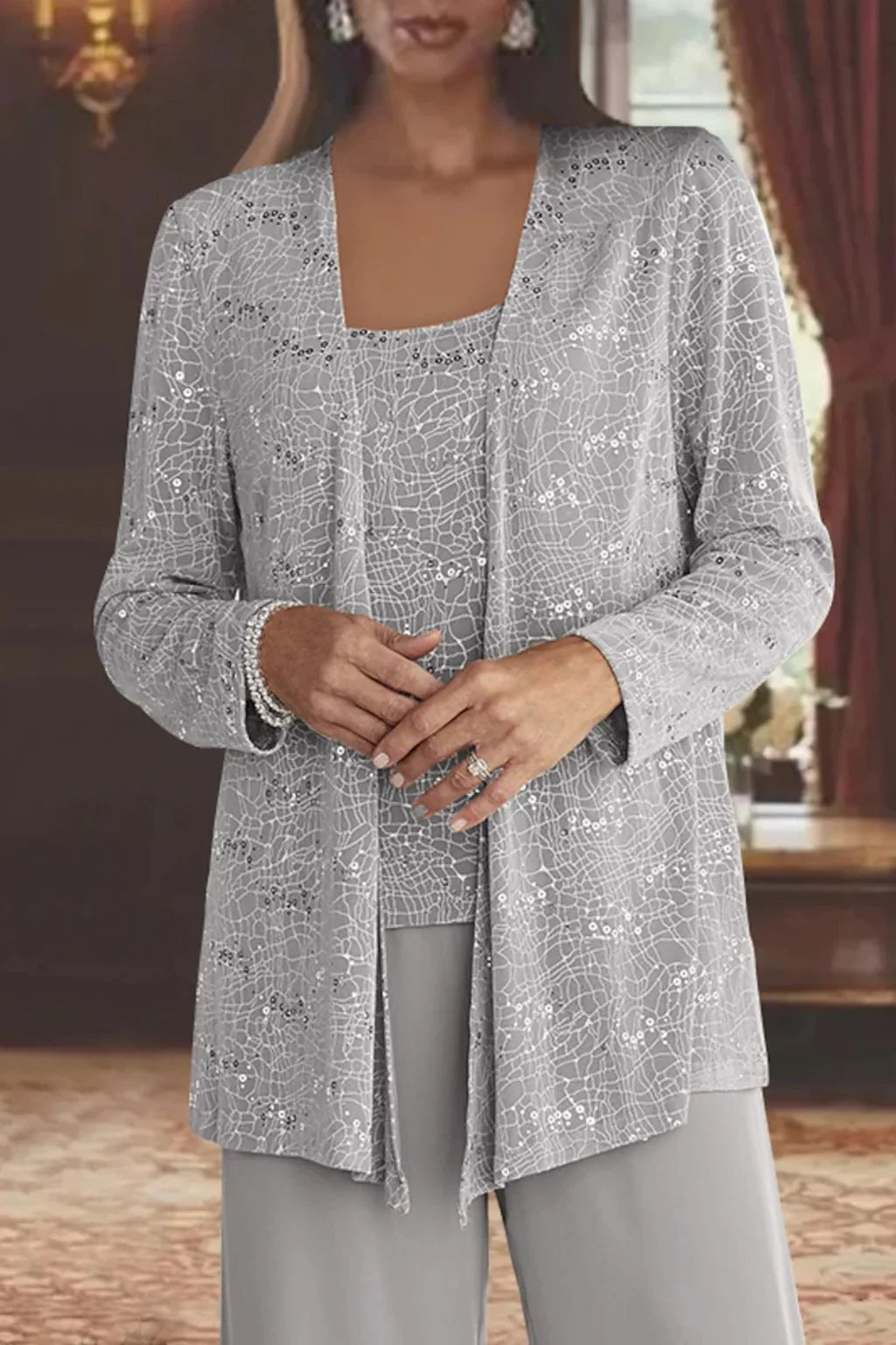 Women's sequin 3-piece set: jacket, wide-leg pants, and top.