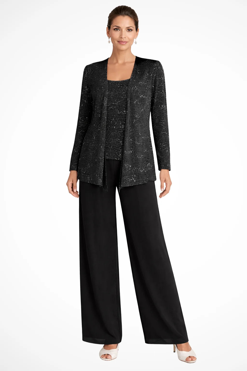 Black sequin three-piece set: jacket, top, and wide-leg pants.