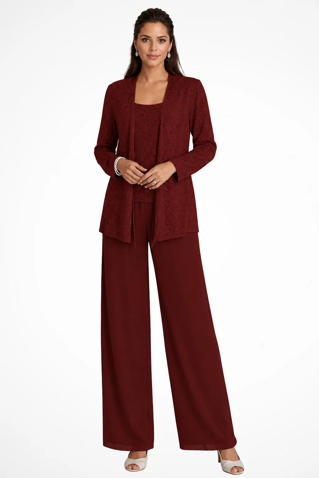 Burgundy sequin three-piece set: jacket, wide leg pants, and top.