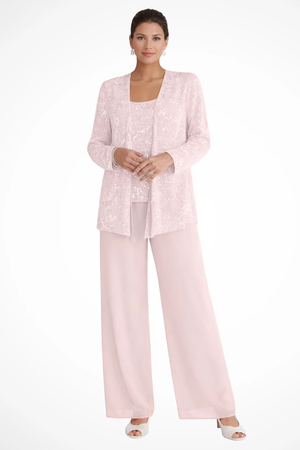 Light pink sequin 3-piece set with jacket and wide-leg pants.