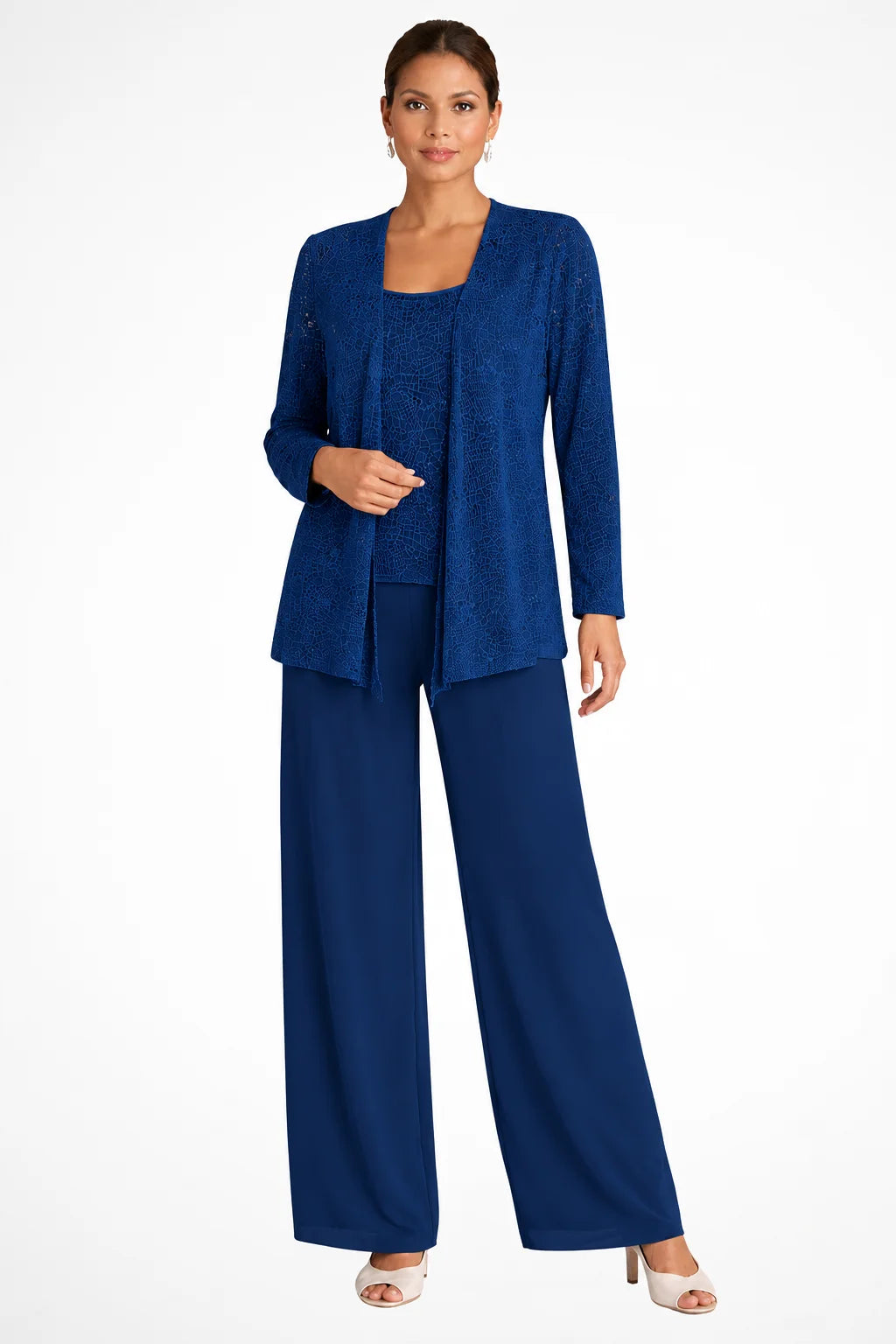 Navy blue sequin 3-pc set with jacket and wide-leg pants.