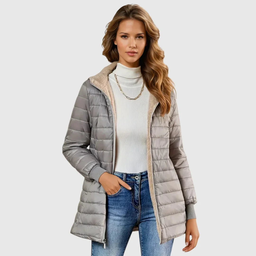 Gray women's sherpa-lined puffer trench coat with hood and ribbed cuffs.