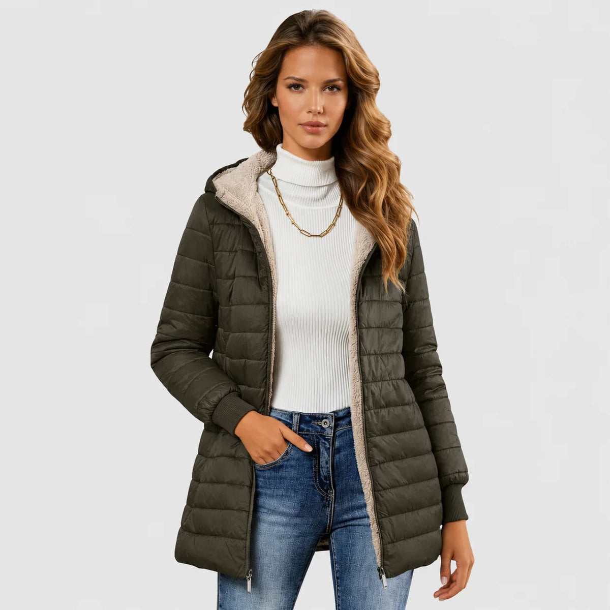 Green puffer trench coat, sherpa lining, hood, ribbed cuffs.