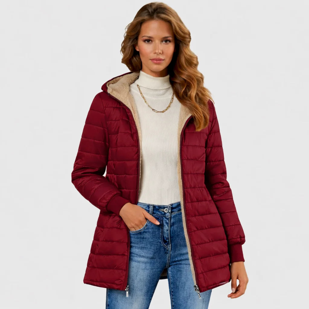 Red women's puffer trench coat, sherpa-lined, with a hood and ribbed cuffs.