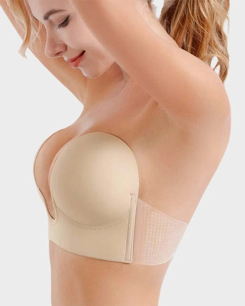 Women's strapless backless self-adhesive push-up deep-U plunge bra