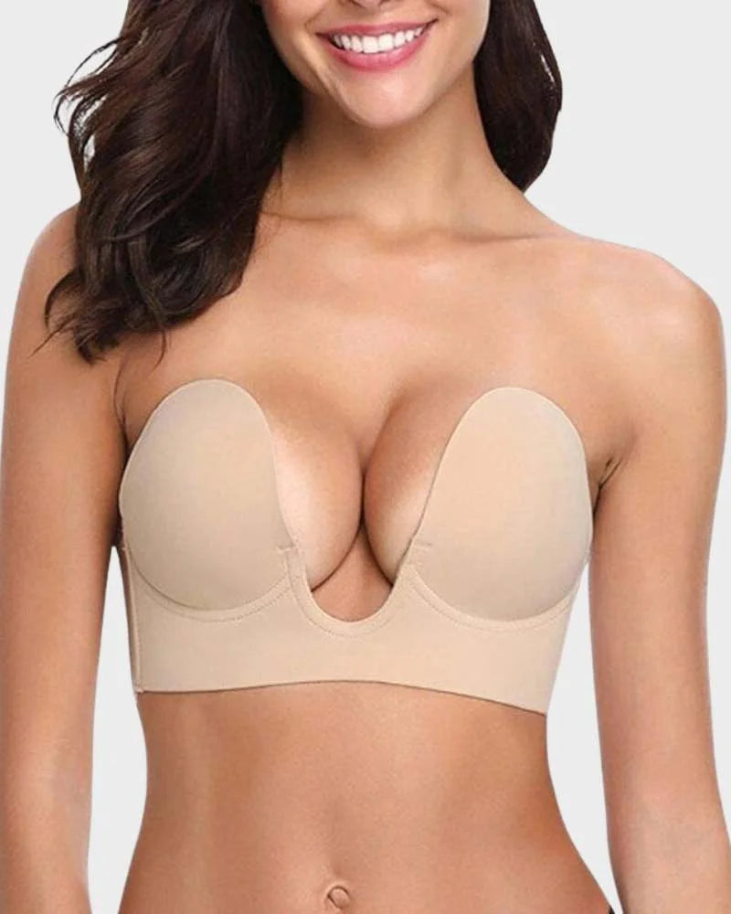 Champagne strapless, backless, self-adhesive bra, push-up, deep-U plunge.