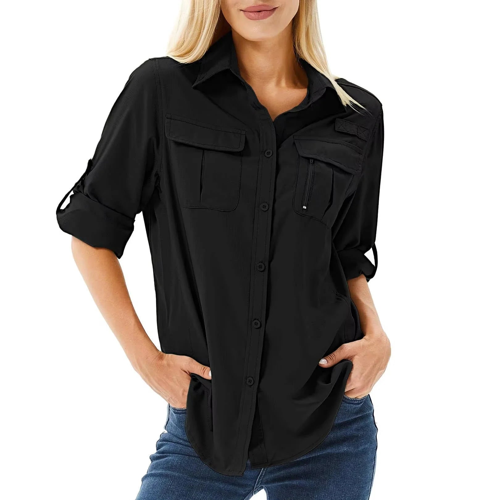 Black women's hiking shirt. Long roll-up sleeves, zip pockets. UPF 50.