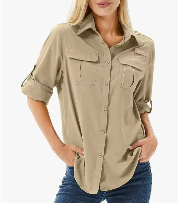 Mud Yellow women's shirt. Long roll-up sleeves, zip pockets, UPF 50 fabric.