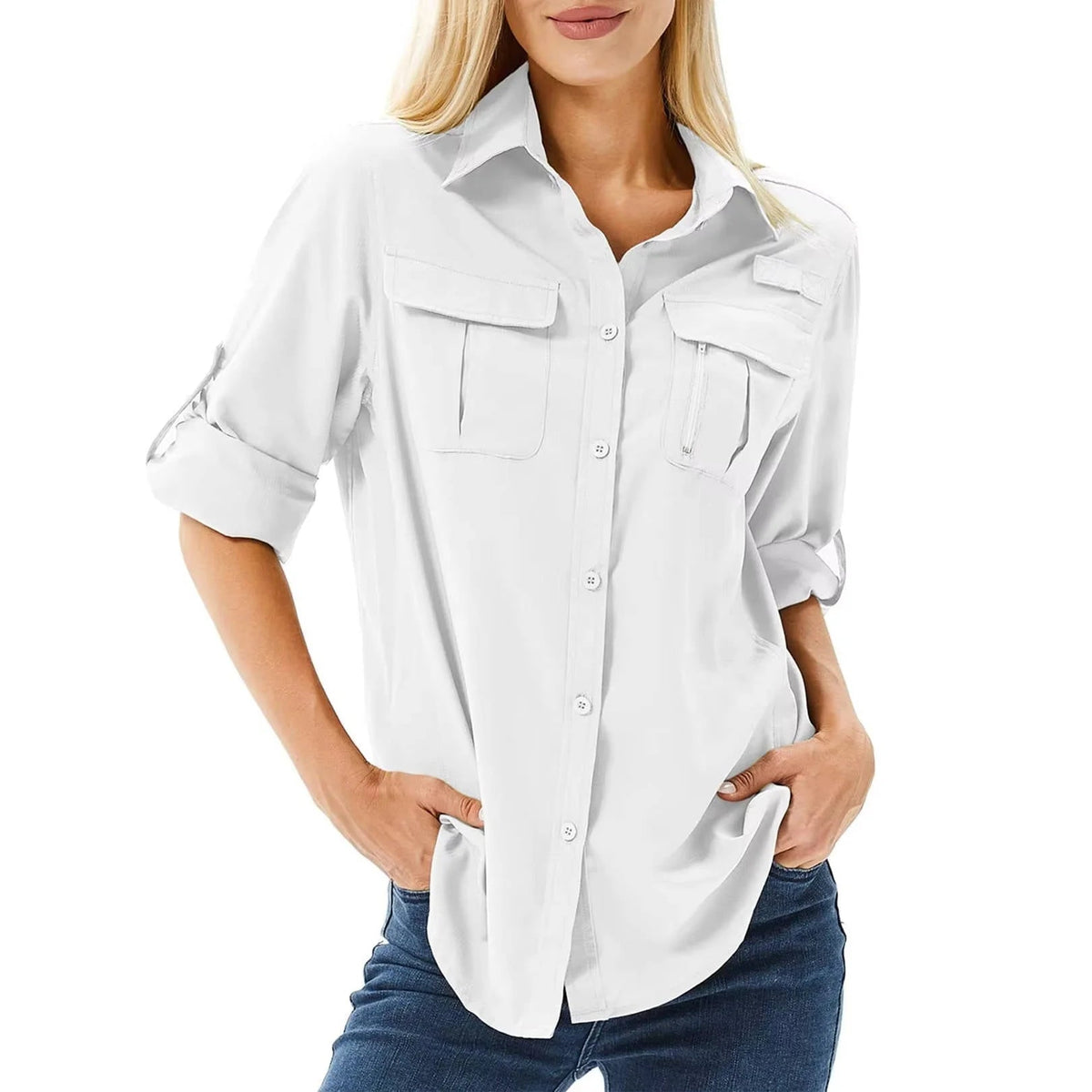 Women's white UPF 50 hiking shirt with long roll-up sleeves, collar, and zip chest pockets.