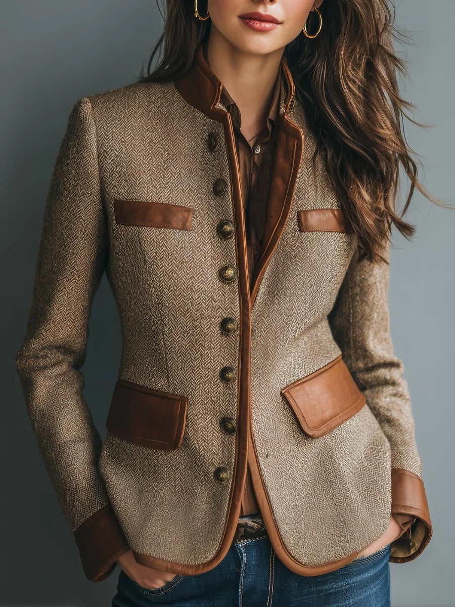 Women's vintage herringbone tweed leather-trim button-front jacket in Brown