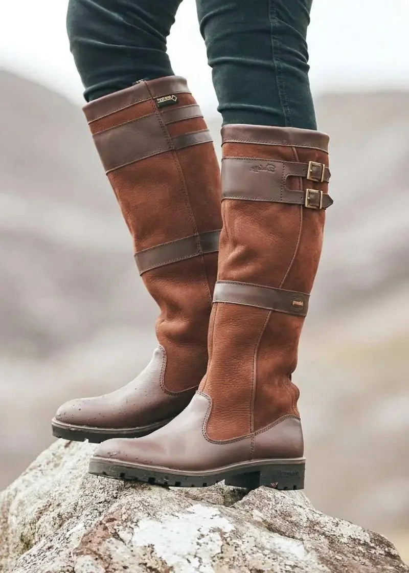 Women's waterproof boots knee high pull-on leather in Brown