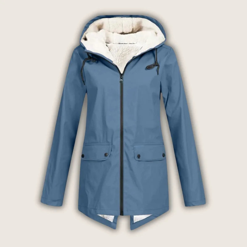 Blue women's waterproof denim jacket with hood, sherpa lining, and front pockets.