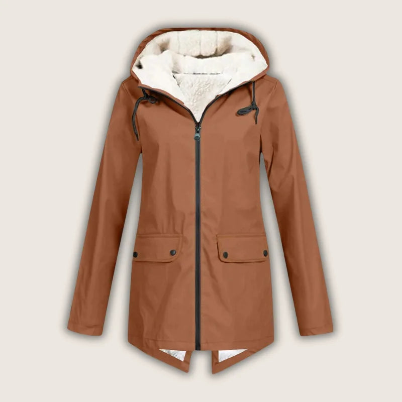 Burnt orange waterproof hooded denim jacket with sherpa lining and front pockets.