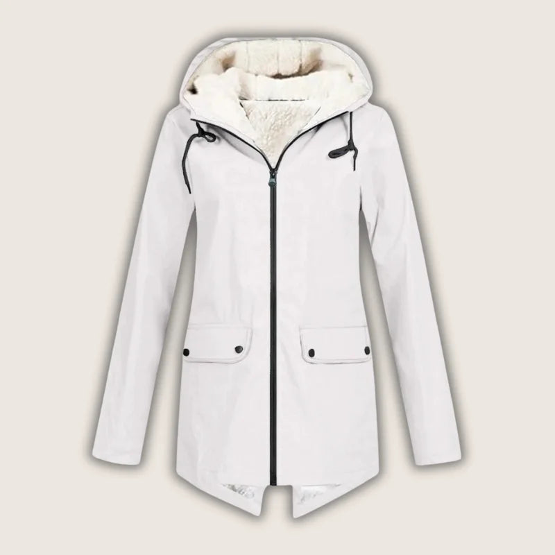 White women's waterproof hooded denim jacket with sherpa lining and front pockets.