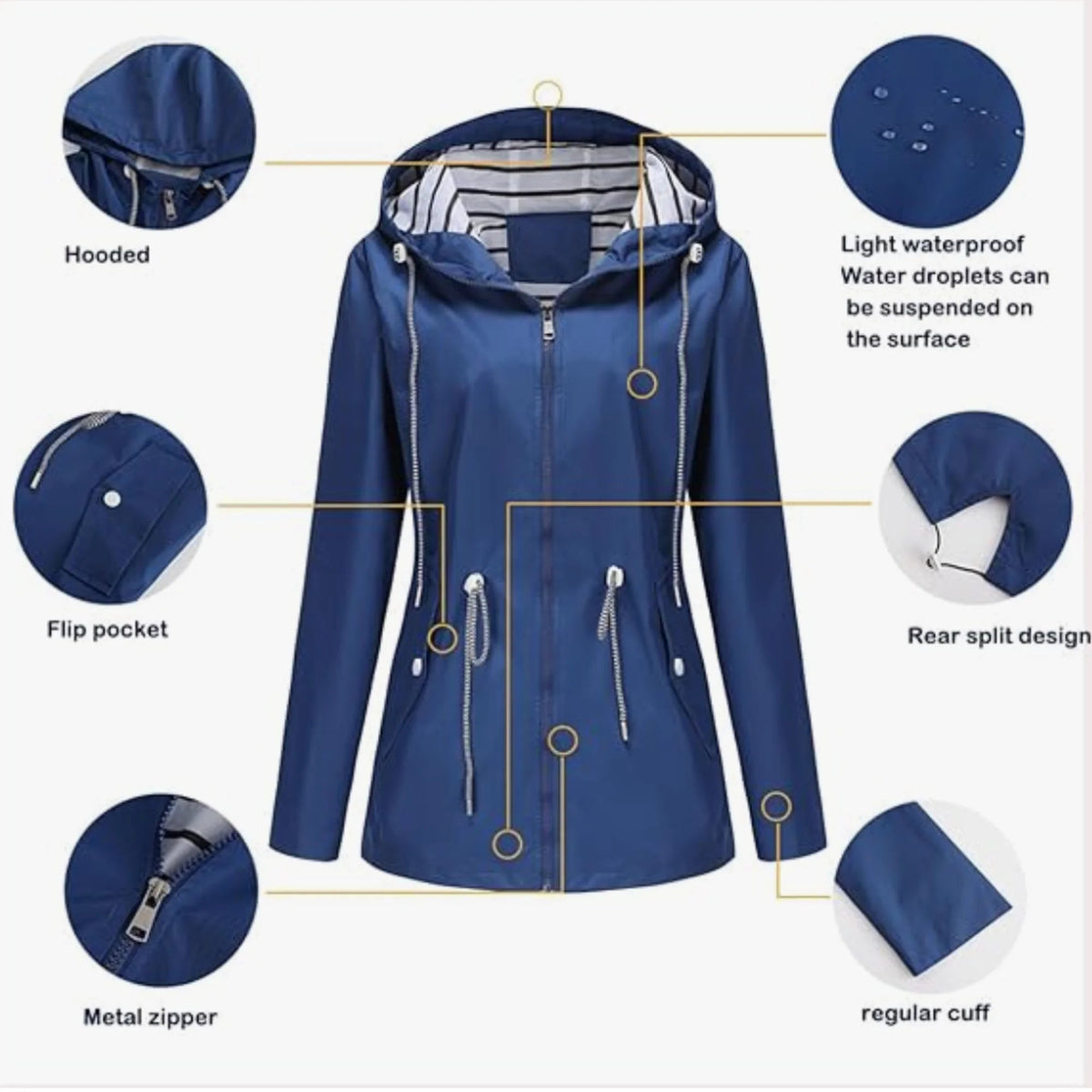 Women's waterproof denim jacket with hood, striped lining, and drawstring waist.
