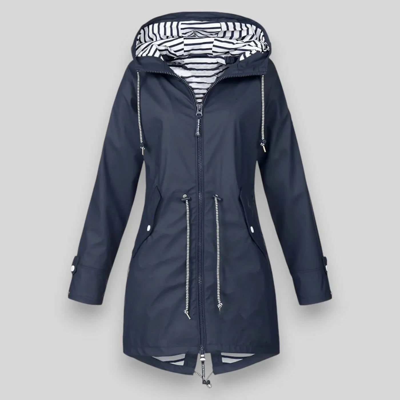 Women's navy waterproof hooded denim jacket. Striped lining, drawstring waist.