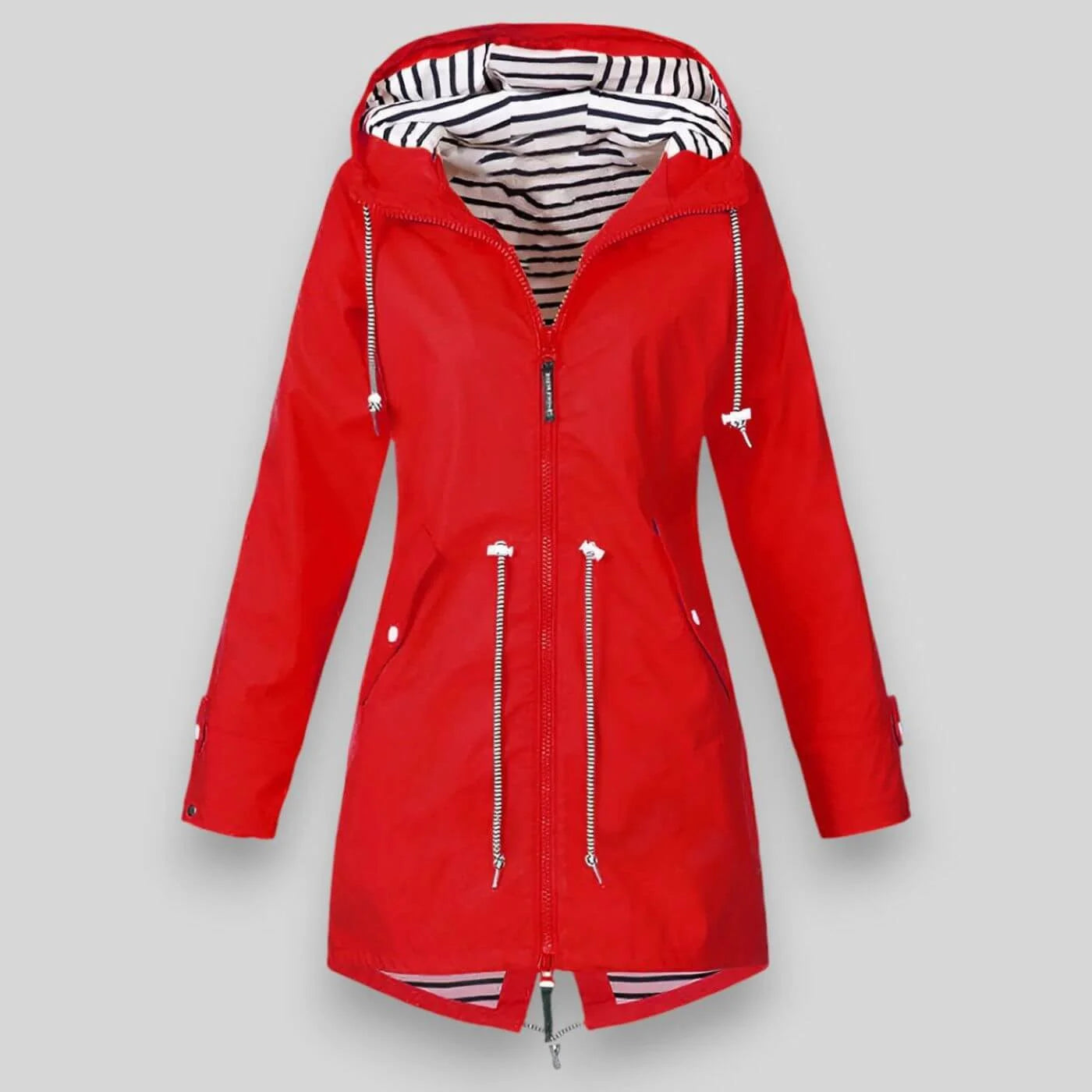 Red waterproof hooded denim jacket with striped lining and drawstring waist.