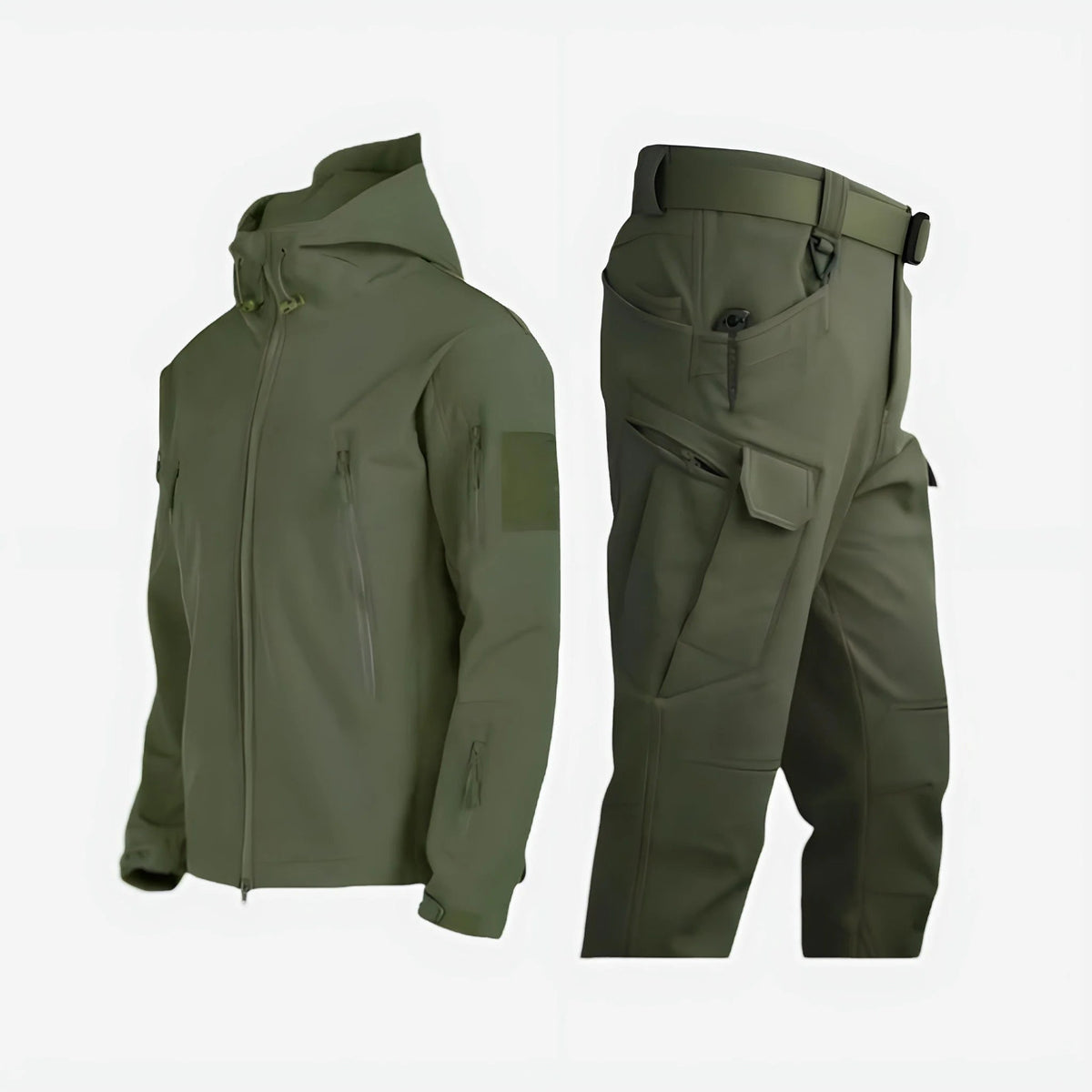 Green women's waterproof tactical set: hooded jacket and cargo trousers with pockets.